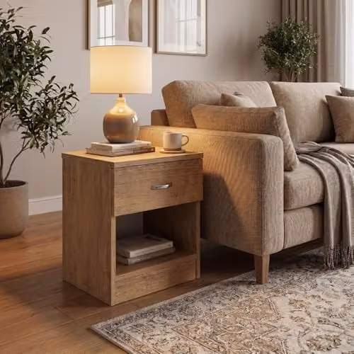FWStyle Modern Oak Effect Bedside Table in Brown with One Drawer and Open Shelf, W/D/H: 47 x 40 x 36 cm – 4
