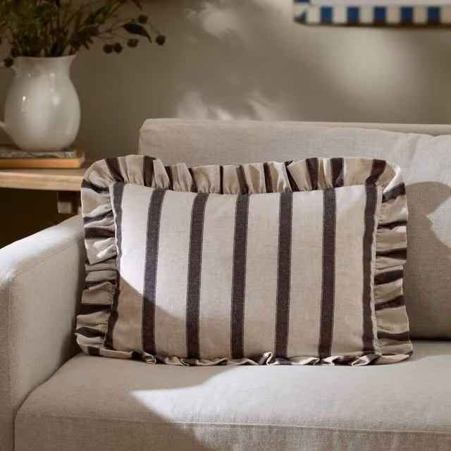 Wylder Connie Striped Ruffle Linen Cushion in Brown, W: 50 cm, H: 35 cm
