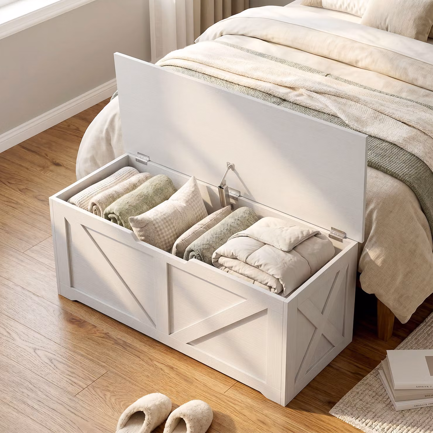 HOMCOM 100L Home Storage Box with Soft-Close Safety Hinge in White Wood-Effect, W/D/H: 80 x 45 x 36 cm – 3