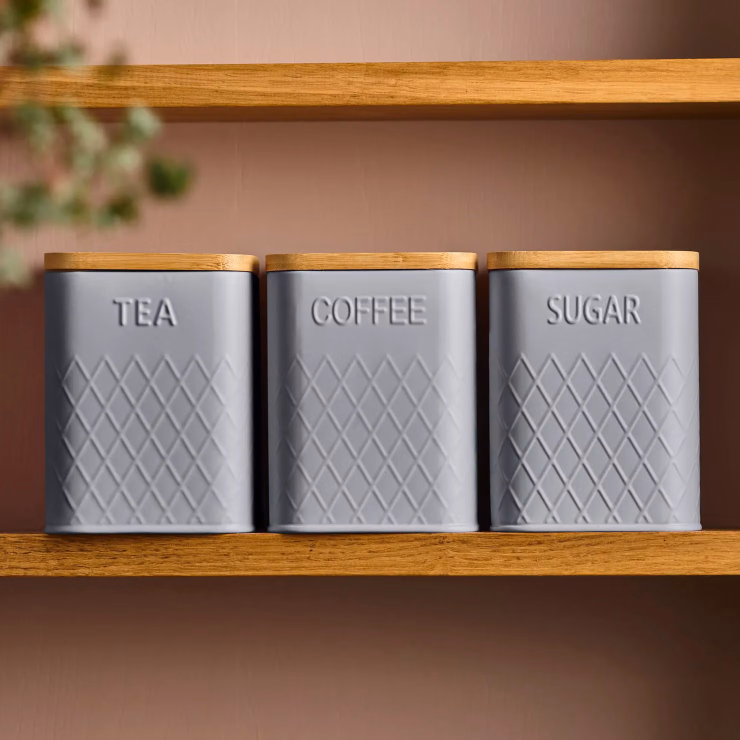 Cooks Professional 3-Piece Square Tea, Coffee and Sugar Canister Set with Airtight Bamboo Lids in Grey Stainless Steel – 2