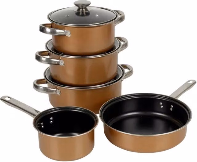 EONLION 8 Piece Non Stick Carbon Steel Cookware Set with Copper Finish, including Saucepan and Frying Pan with Glass Lids – 1