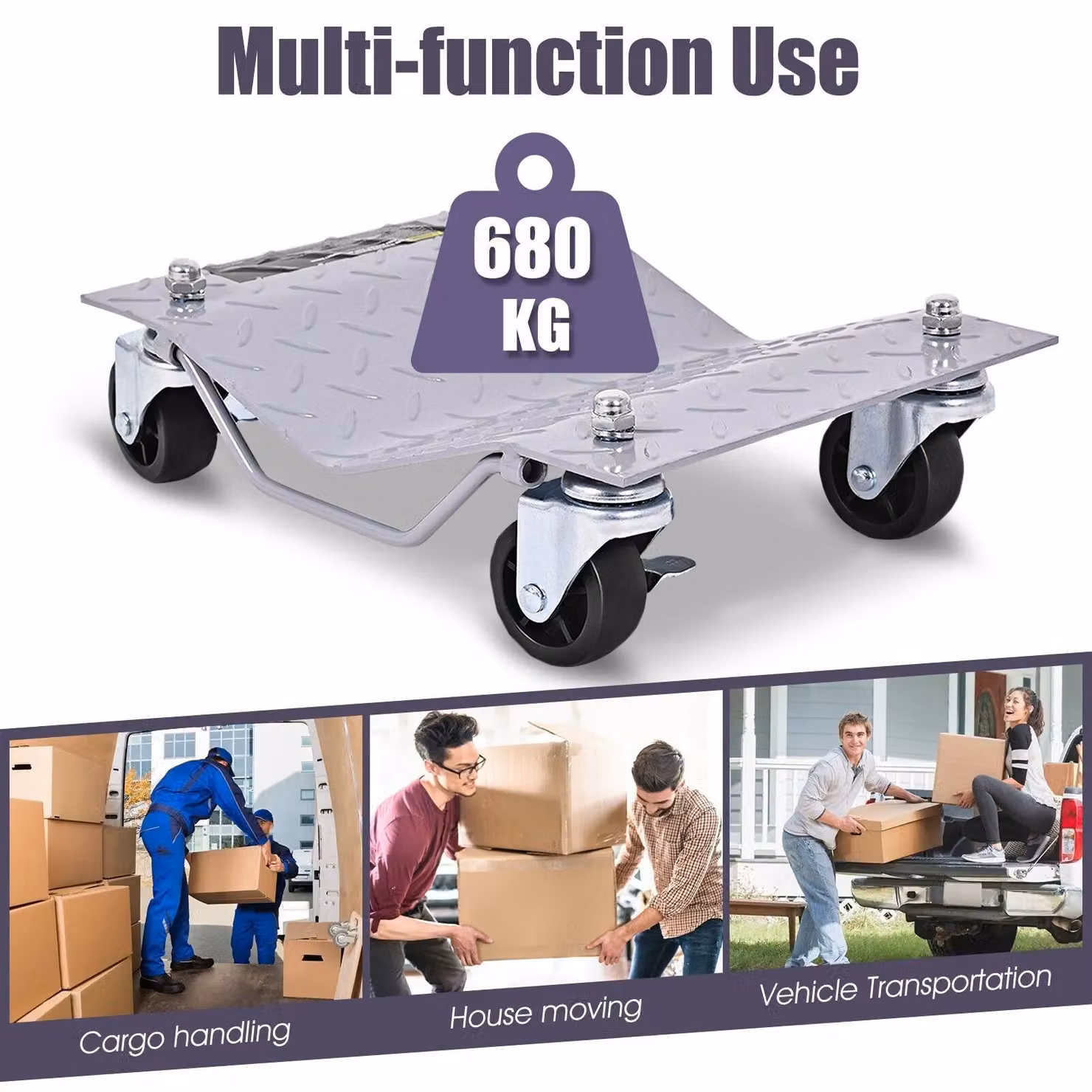 Costway Set of 4 Steel Wheel Dolly Tire Skates with Lockable Casters and Handle, Grey, 2720 kg Capacity – 3