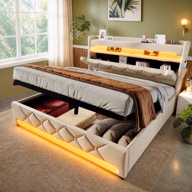 STILVORA Beige Upholstered Double Bed with LED Under-Bed Lighting, USB Charging Ports and Bedside Shelf, W/D/H: 140 x 200 cm – 1