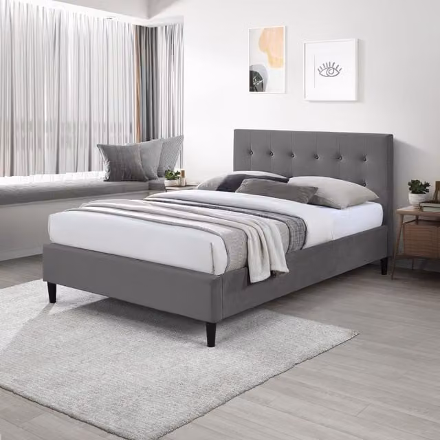 FurnitureboxUK Lotus Velvet Chesterfield Bed Frame in Grey, W/D/H: 140 x 200 cm