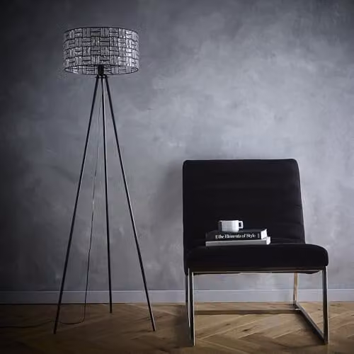 K LIVING Bronx Black Modern Tripod Floor Lamp with Glass Cylinder Shade
