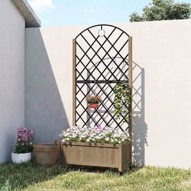 Outsunny Brown Raised Garden Bed with Metal Trellis and Rustic Wood Finish