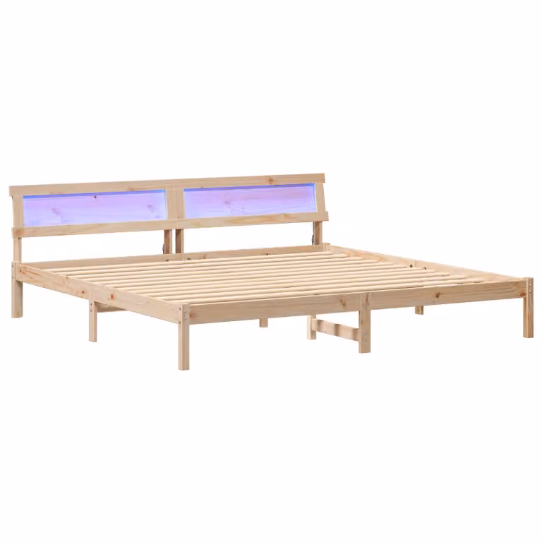 Berkfield Home Modern Solid Pine Wood Bed with LED Strip Light Headboard in Brown and Beige, W/D/H: 200 x 200 x 73 cm