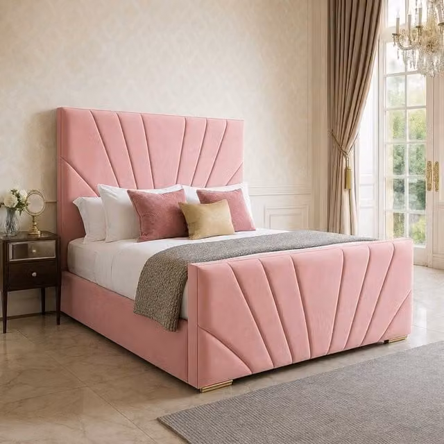 K Mehmood Enterprise Ltd Modern Pink Velvet Upholstered Bed Frame with Geometric Headboard and Footboard