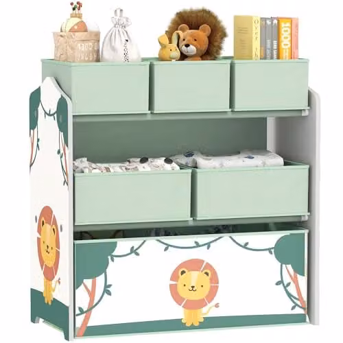 AIYAPLAY 3-Tier Kids Toy Storage Unit with 6 Removable Fabric Boxes, Green, W: 66 cm, D: 30 cm, H: 30 cm – 1