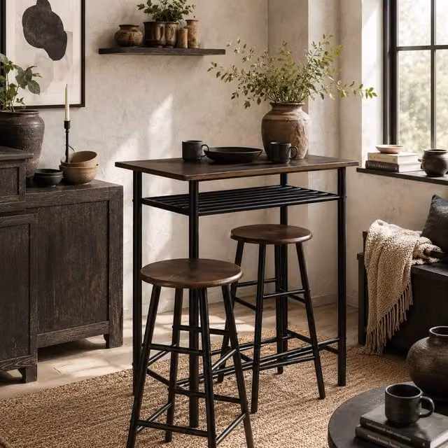 Wyld Haus Yoliba 3 Piece Breakfast Bar Table and Stool Set in Black and Oak