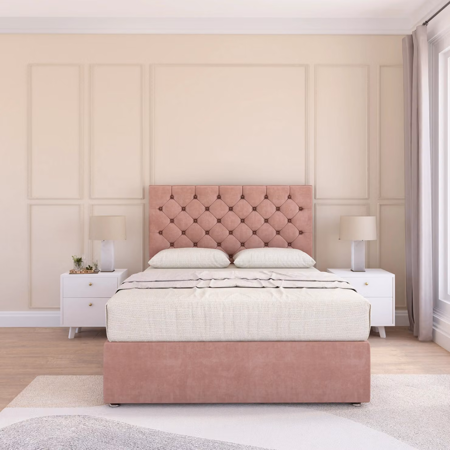 Sloomy Mayfair King Size Divan Bed Base and 54 inch Floor Standing Chesterfield Headboard in Pink Velvet