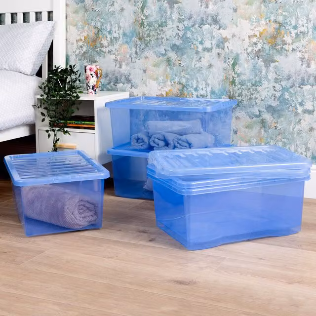 Wham Crystal Sparkle 45L Plastic Storage Boxes with Lids, Tint Sparkle Blue