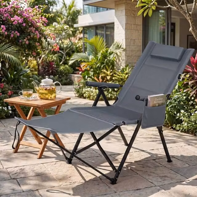 KORVIXA Grey Folding Lounge Chair with Adjustable Headrest and Armrests