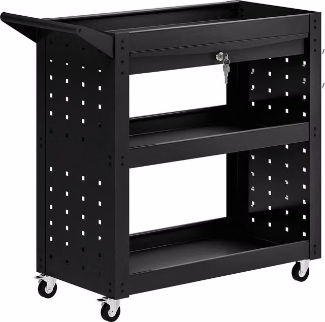 HOMCOM Black Steel Rolling Tool Cart with Lockable Wheels, 3-Tier Trays, Drawer and Pegboards, W/D/H: 78 x 35 x 90 cm – 1