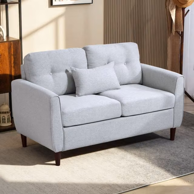 HOMCOM 2 Seat Fabric Loveseat Sofa with Tufted Design and Wooden Legs in Light Grey – 1