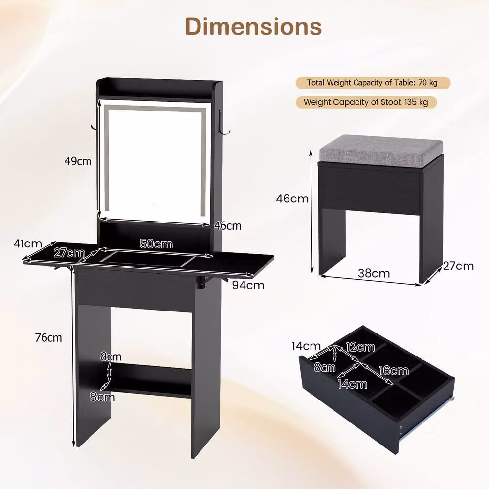 Costway Modern Black Dressing Table and Stool Set with Hollywood LED Lights and Charging Station – 2
