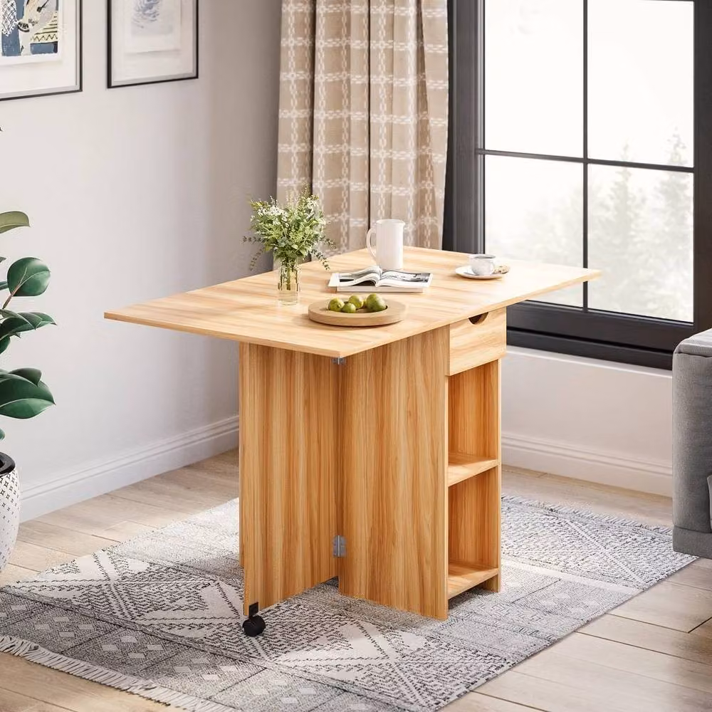 KORVIXA Oak Folding Dining Table with Drop Leaf and Castors, Brown, W/D/H: 100 x 100 x 75 cm – 2