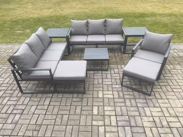 Fimous Aluminium Outdoor Lounge Sofa Set in Dark Grey with Coffee Table, 2 Footstools and 2 Side Tables