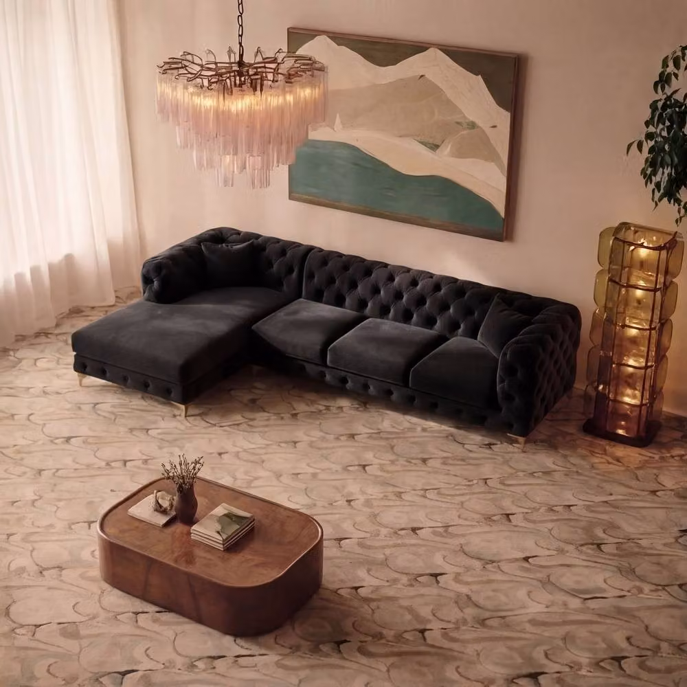 Sofaya Monaco Chesterfield 4 Seater L-Shaped Sofa in Black Velvet with Left Hand Chaise – 2