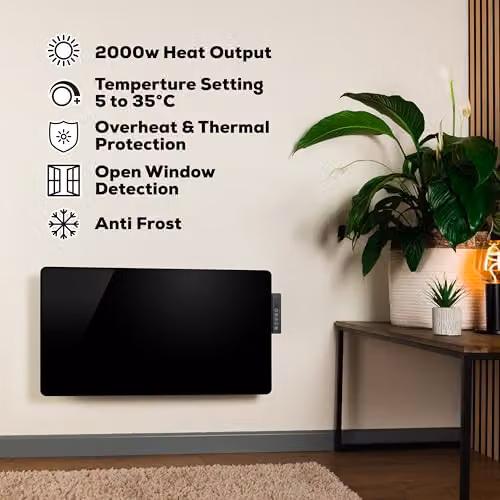 TCP 2000W Black Glass Panel Heater with Timer, Open Window Detection and Overheat Protection, Wall-Mounted or Free-Standing – 6