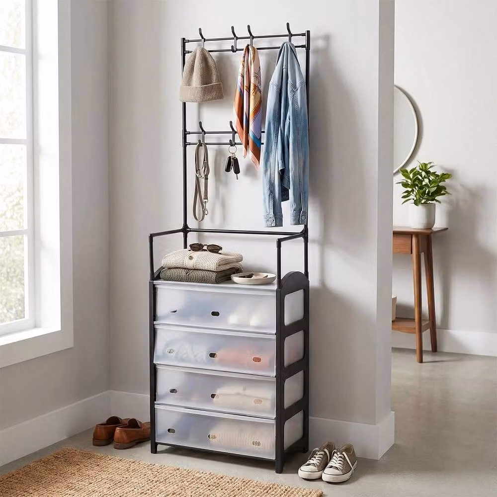 NESTLUNE 5-Tier Metal Coat and Hat Stand with 8 Hooks and Shoe Rack, Black, W/D/H: 60 x 31 x 175 cm – 2