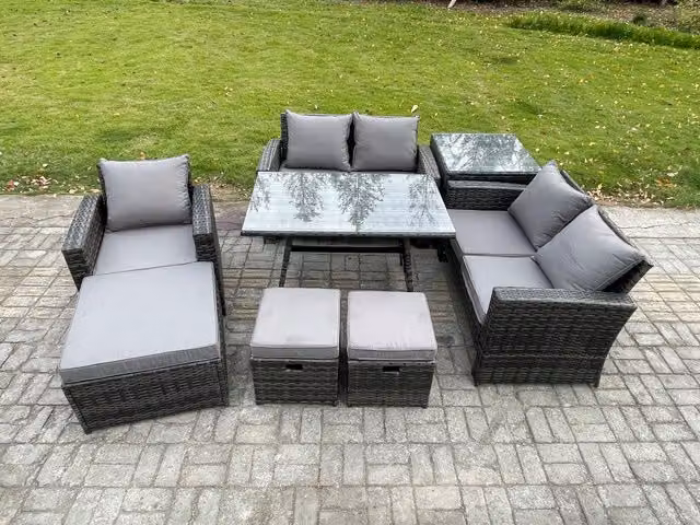 Fimous 8 Seater Grey PE Rattan Garden Dining Set with Rectangular Table, Double Sofa, Side Table and 3 Footstools