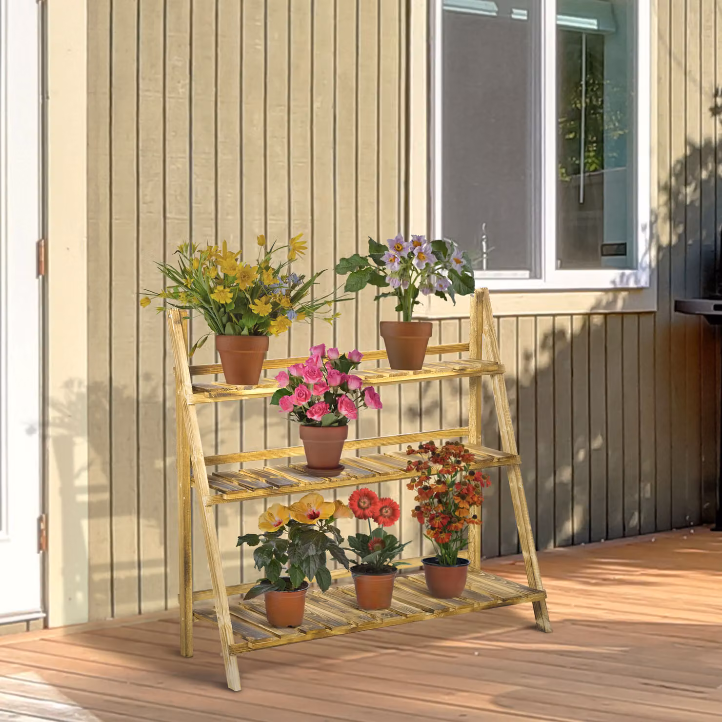 Outsunny 3 Tier Folding Wooden Plant Stand in Brown, W/D/H: 100 x 37 x 93 cm – 2