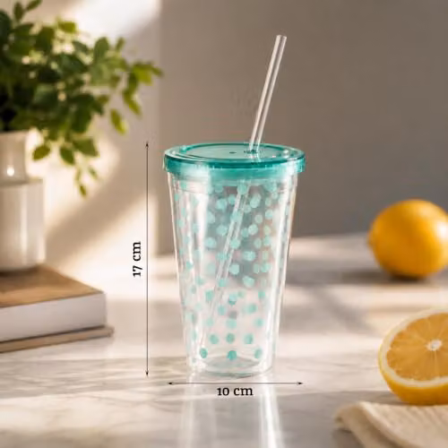 Orsina Dotted Double Walled Plastic Tumbler with Lid, Green, 450ml – 2