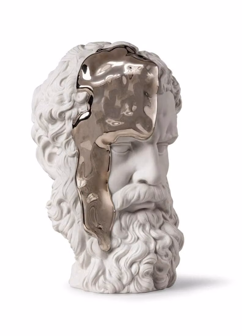 Lladró Eternal Fluidity Thinker Sculpture in White and Silver Porcelain