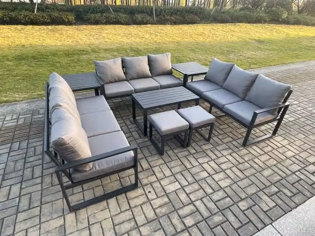 Fimous 11 Seater Outdoor Garden Furniture Set in Dark Grey with Powder Coated Aluminium Frame, Oblong Coffee Table, 3 Seater Sofa and 2 Ottomans with Cushions
