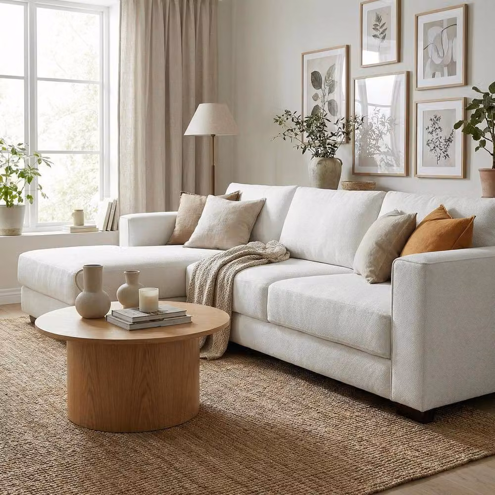 Abakus Direct Kaizer L-Shaped Corner Sofa in White Bouclé Fabric, Left Facing – 2