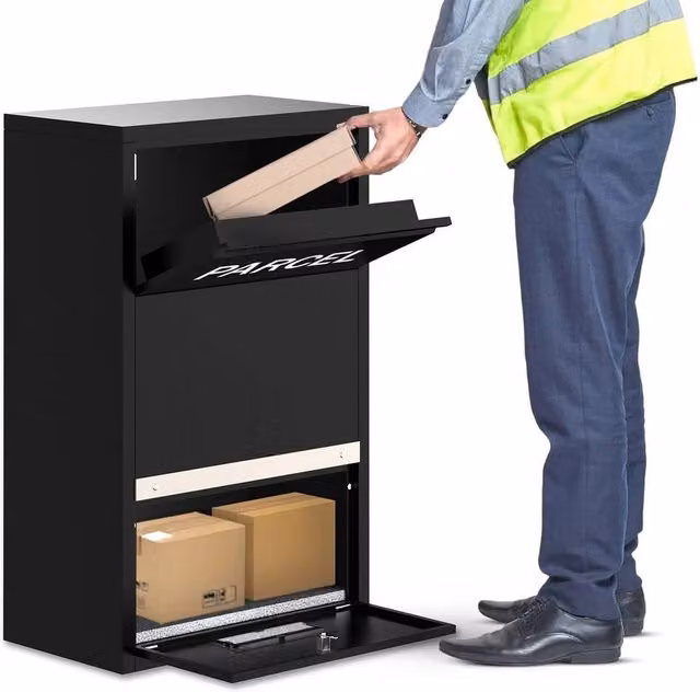 SPETLEK Black Metal Outdoor Parcel Drop Box with High Capacity for Garden Use – 1