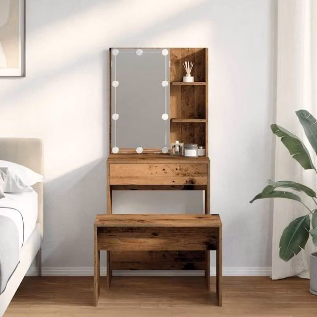 Berkfield Home Beautiful Dressing Table Set with LED Hollywood Mirror in Brown Rustic Old Wood, W: 140 cm, D: 40 cm, H: 60 cm