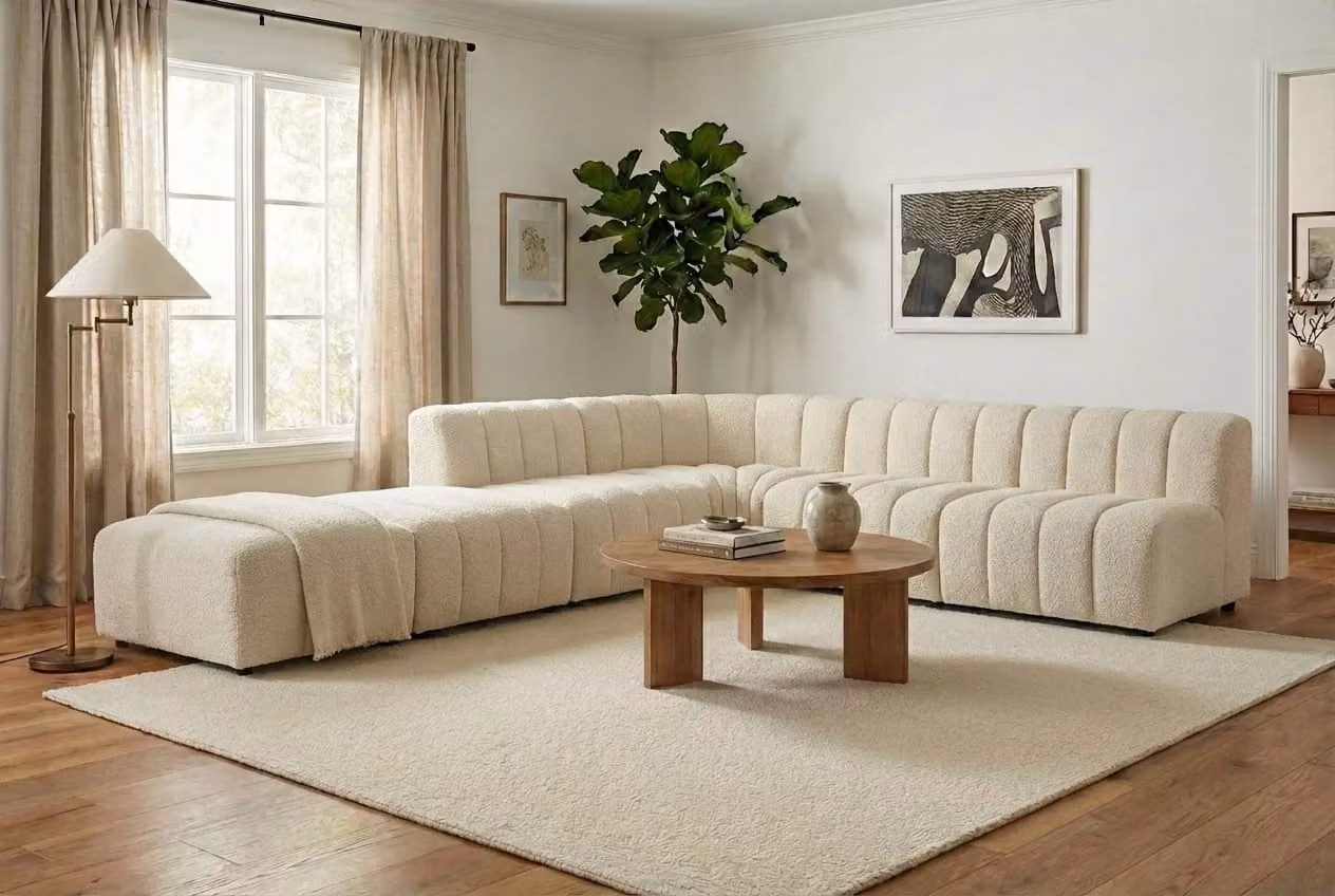 Araco Atelier Leo L-Shape Corner Sofa in Beige Bouclé