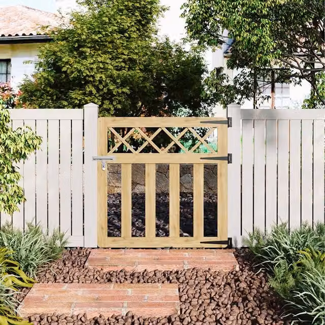Komore Brown Wooden Outdoor Cross Top Garden Fence Gate, Width: 90 cm