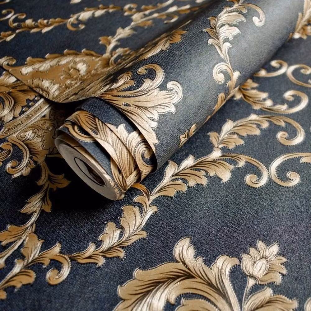 KORVIXA Gold Luxury Damask Embossed Vinyl Wallpaper Roll with Floral Abstract Design, 0.6 m2 – 3