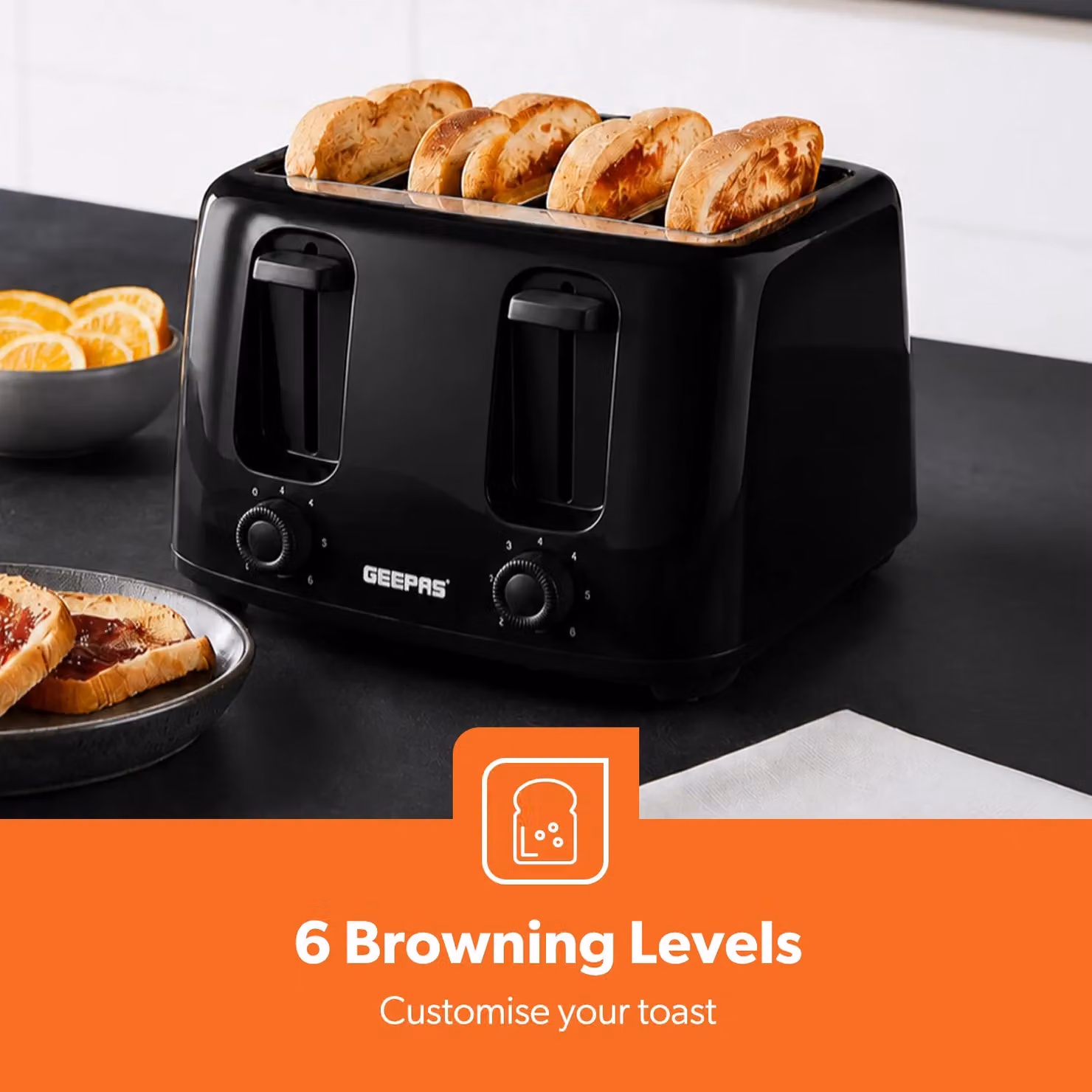 Geepas 4 Slice Toaster 1400W in Black – 3