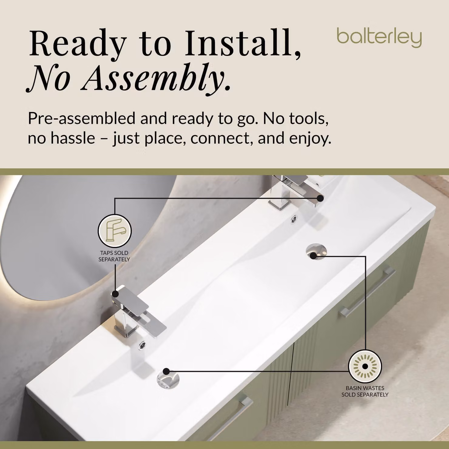 Balterley Wall Hung 2 Drawer Vanity Unit with 2 Ceramic Basins, Satin Green, Width: 120 cm – 3