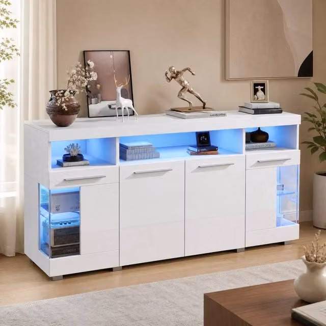STILVORA Modern Glossy White Sideboard with Integrated LED Lighting and Glass Shelves, W: 140 cm