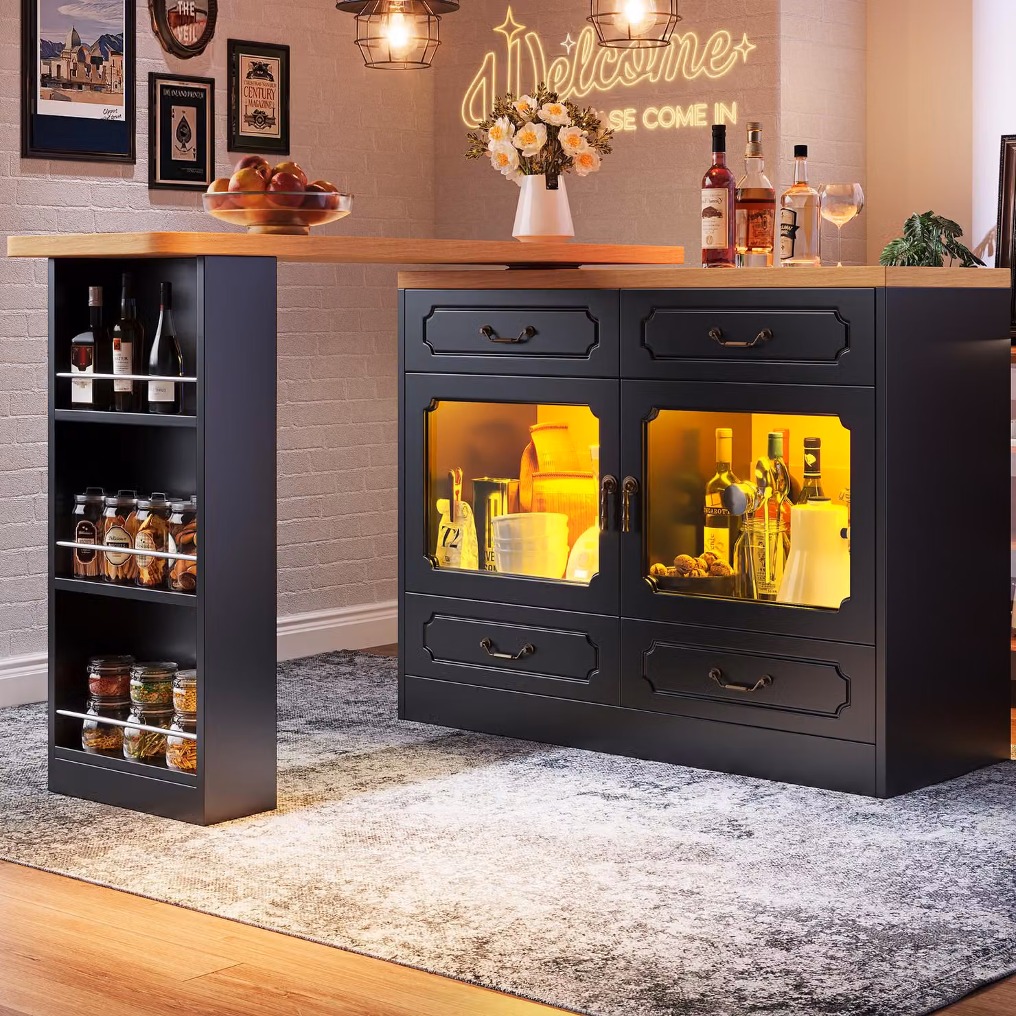 Aosom UK 360 Degree Rotating Bar Table with Extendable Kitchen Island, Side and Spice Rack, 4 Drawers, Black, W/D/H: 39 x 135-203 x 93 cm – 7