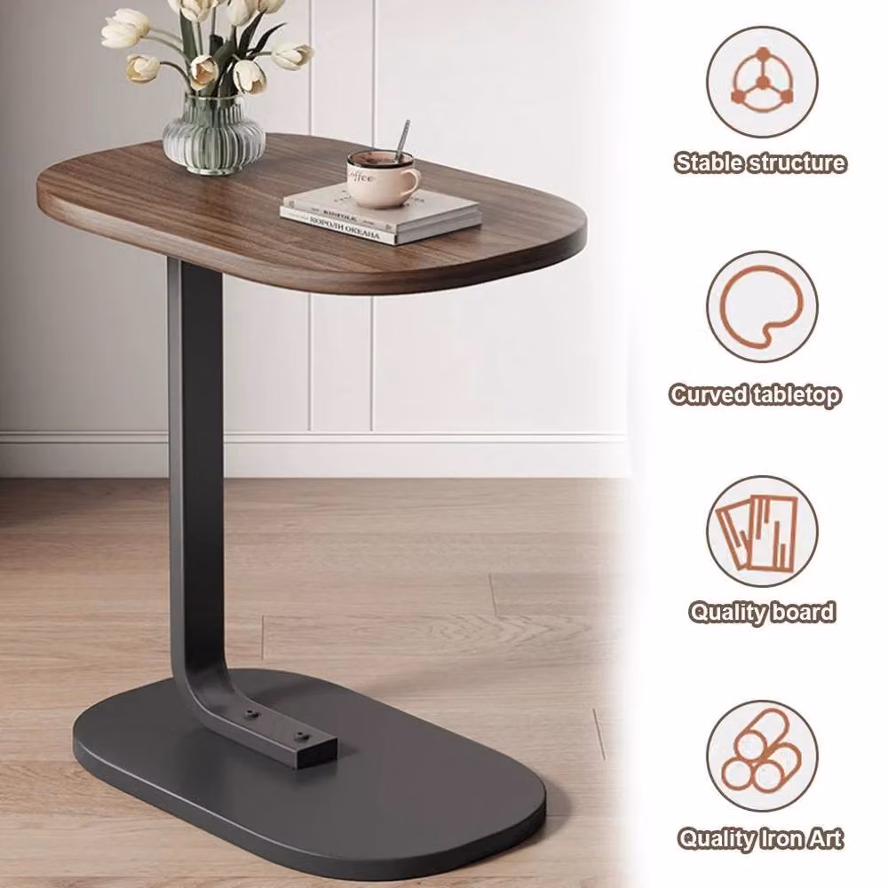 PAWNORA Black Walnut C Shape Sofa End Table, Black and Brown Industrial Wood and Metal Laptop Coffee Desk – 2