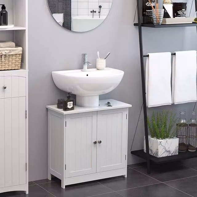 HOMCOM White Wall Mounted Wooden Basin Sink Vanity Cabinet with Hinged Doors