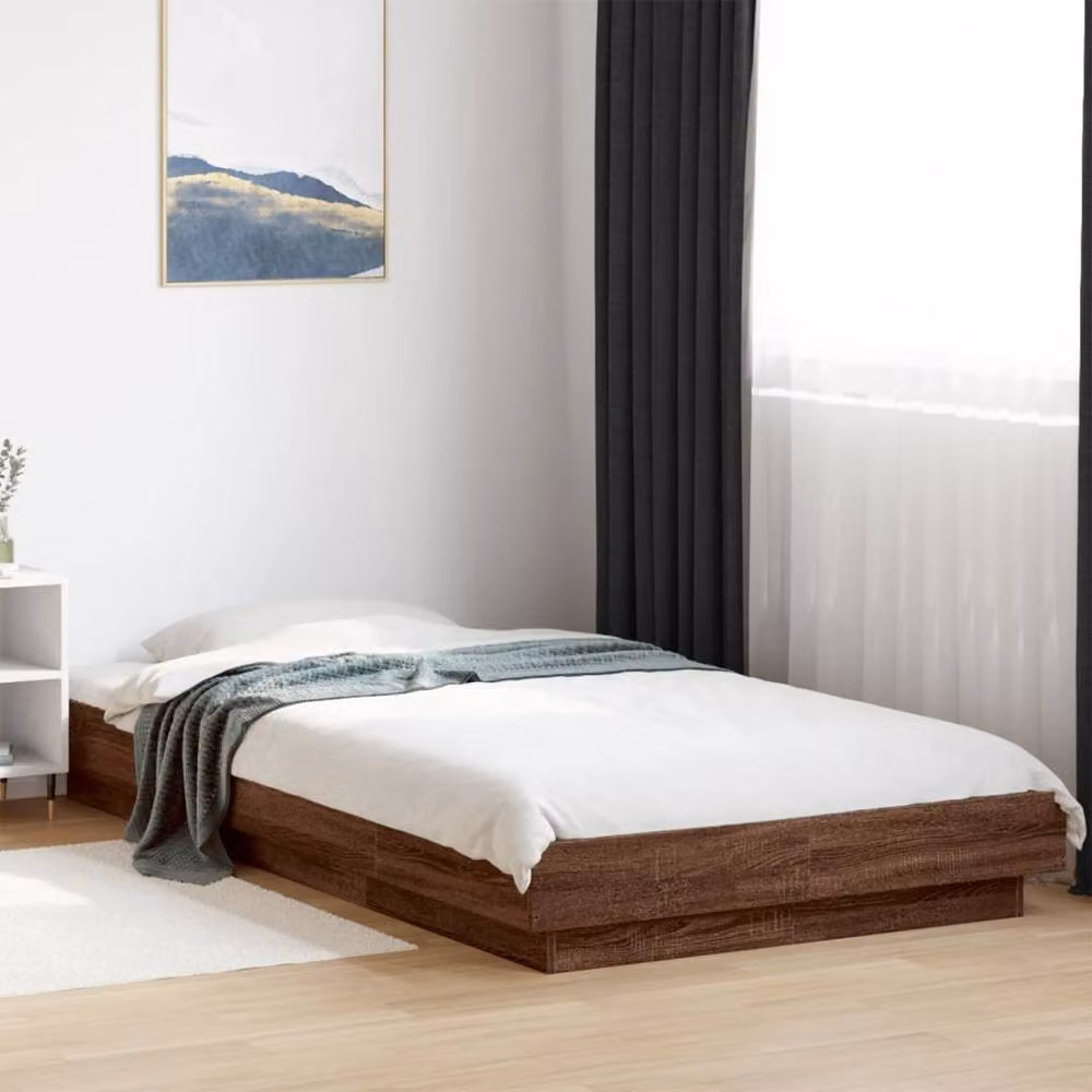 Berkfield Home Durable Bed Frame with Under-Bed LED Lighting in Brown Oak, W/D/H: 100 x 200 x 23 cm – 1