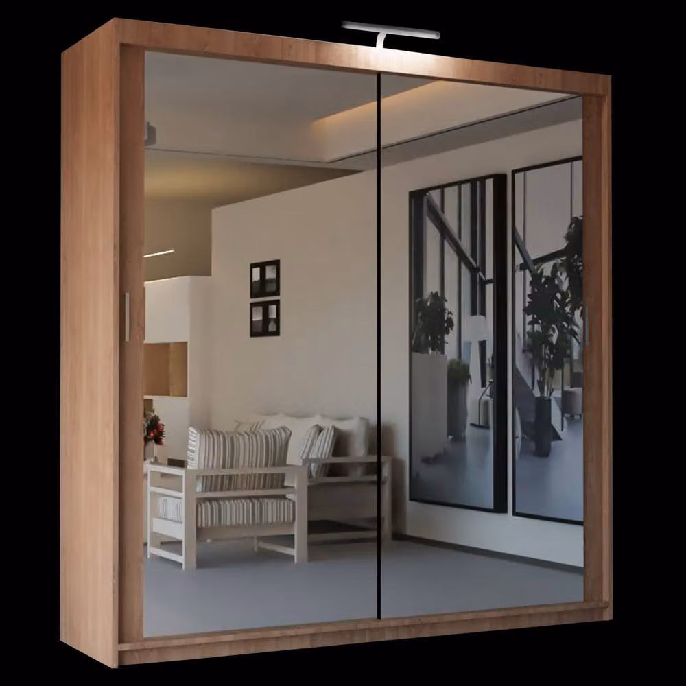 Sliding Wardrobes 4U Modern Mirror Sliding Wardrobe with Integrated LED Light in Walnut, W: 203 cm, H: 217 cm – 2
