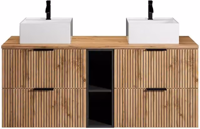 MADELA Suspended Striped Bathroom Vanity Unit with Niches and Double Square in Black and Light Oak, W/D/H: 140 x 46 x 57 cm – 1