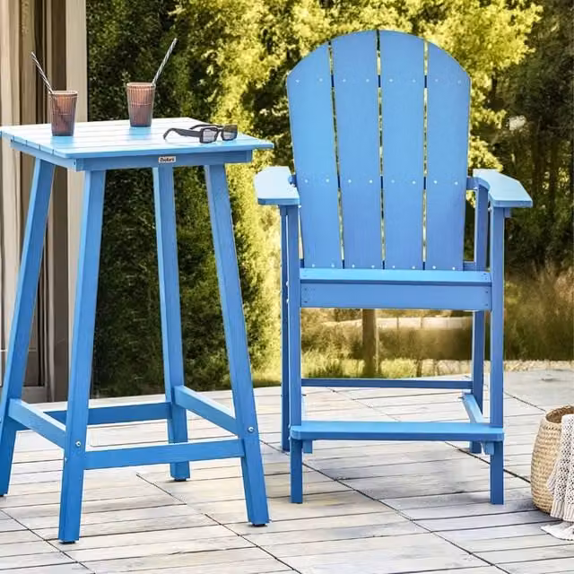 Wyld and Coco Garden Bar Chair in Blue Faux-Wood with Stainless Steel and Plastic Construction – 1