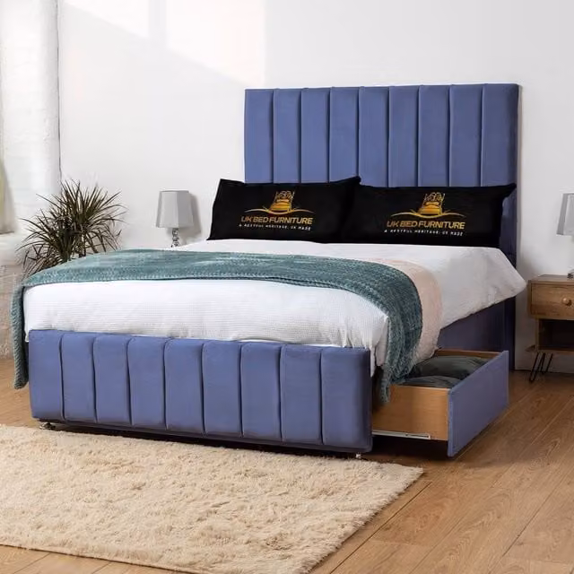 UK Bed Furniture Falcon Divan Bed with 4 Drawers and 26 Inch Headboard in Blue, Super King, W/D/H: 200 x 200 cm