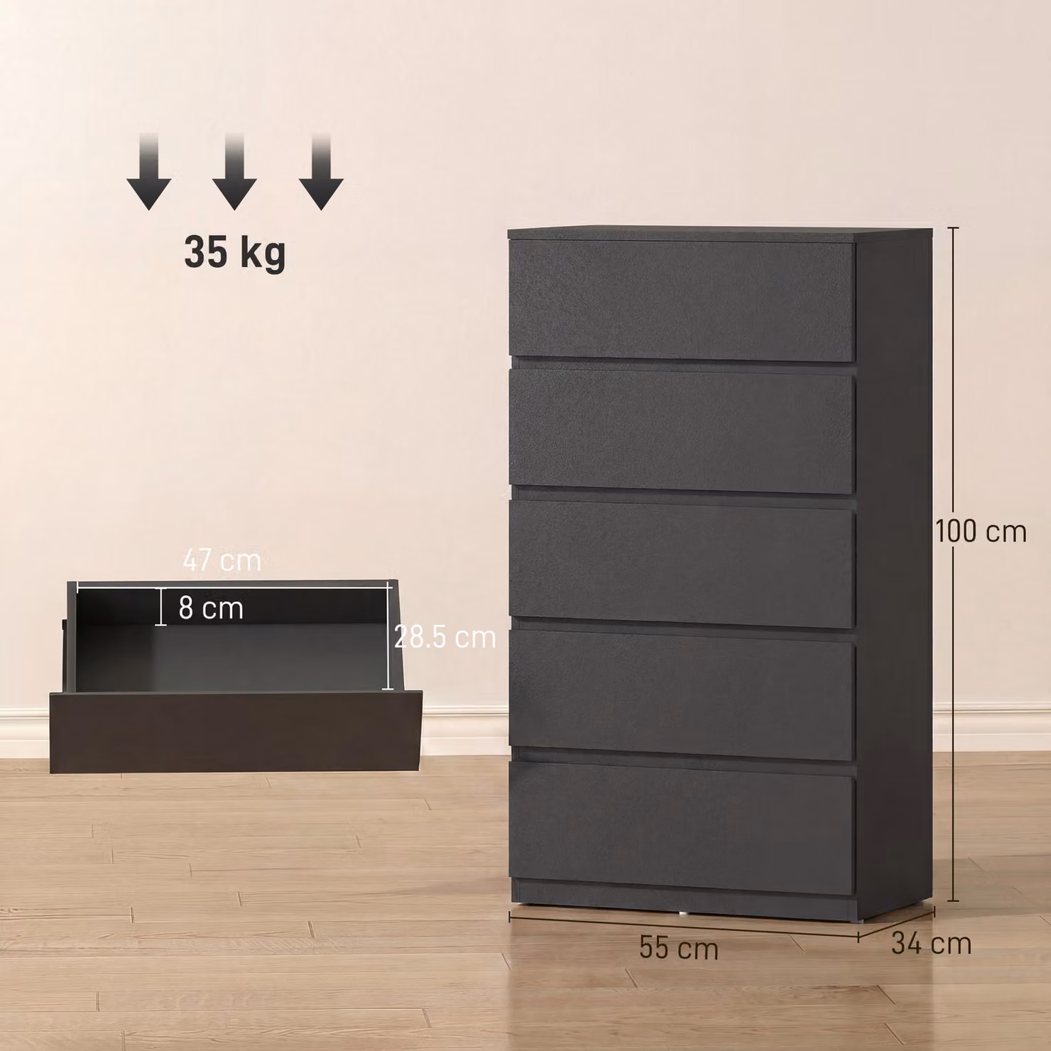 HOMCOM Modern 5-Drawer Metal Chest of Drawers in Black – 3