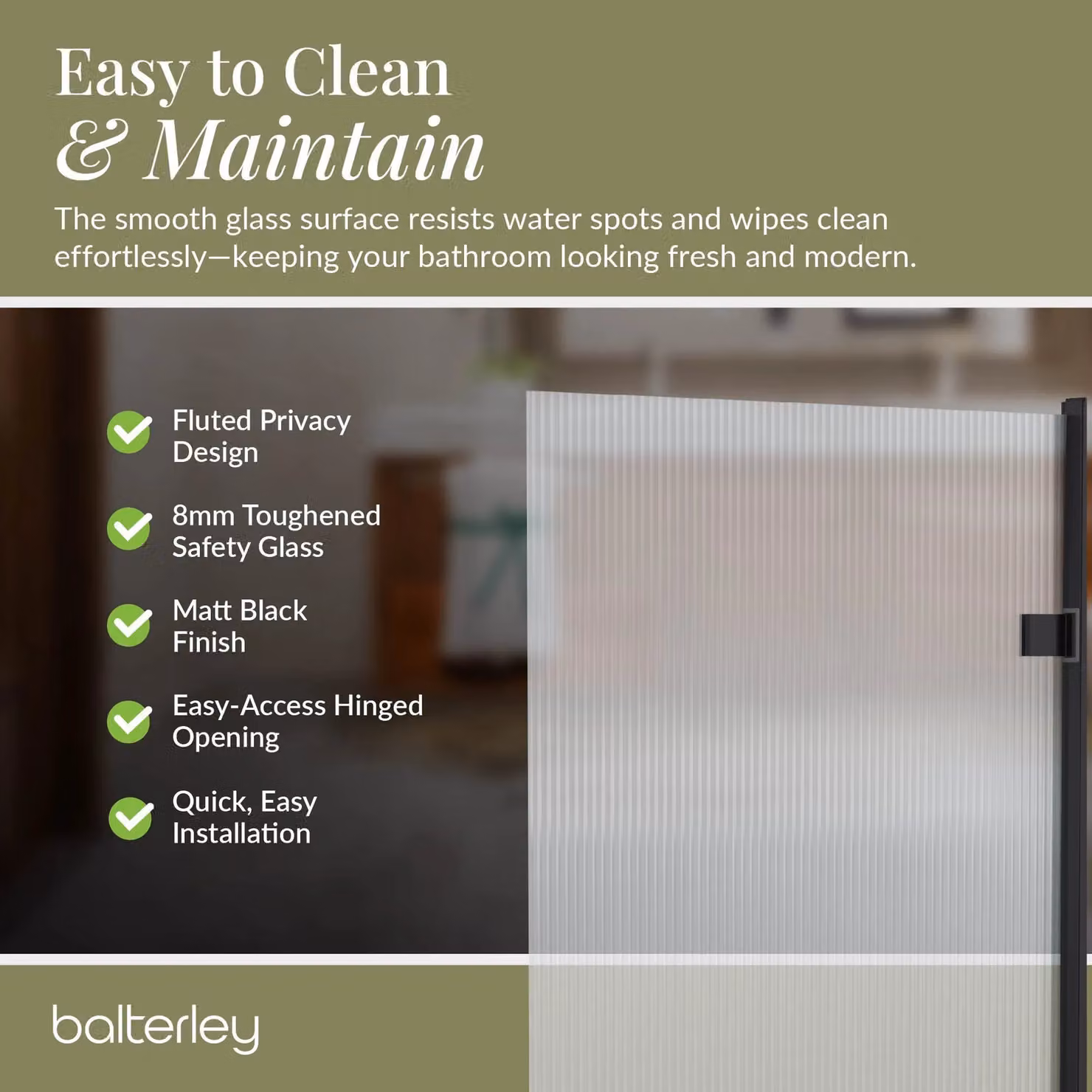 Balterley Square Hinged Fluted Glass Bath Screen, Matt Black, W: 83 cm, H: 152 cm, D: 8 mm – 4