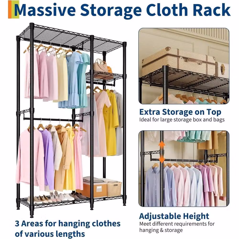 Havendro Black Metal Clothes Rail with 3 Shelves and 3 Hanging Rods, H 76.5 cm x L 41.6 cm – 4
